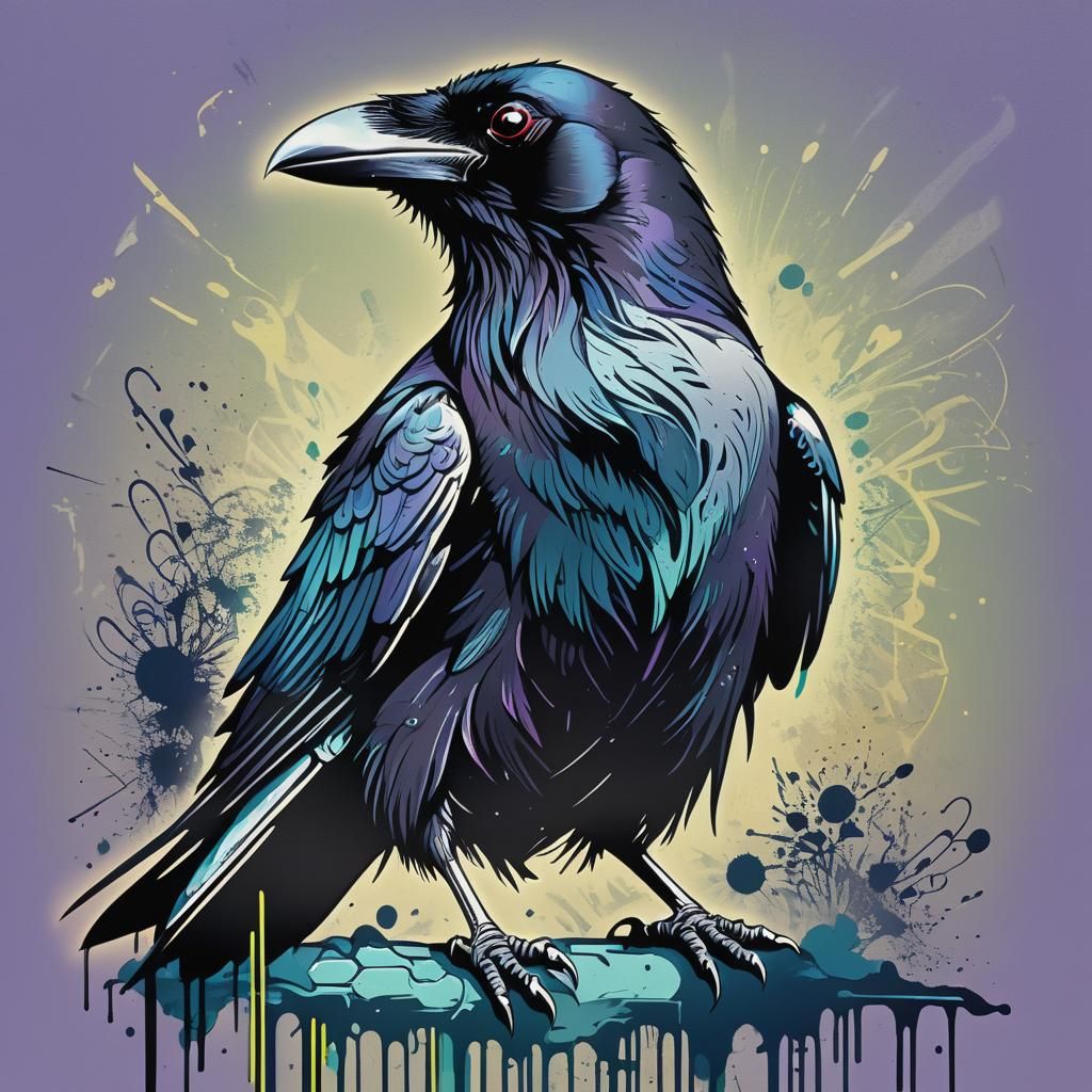 Raven Graphic Screen Print with Graffiti Elements