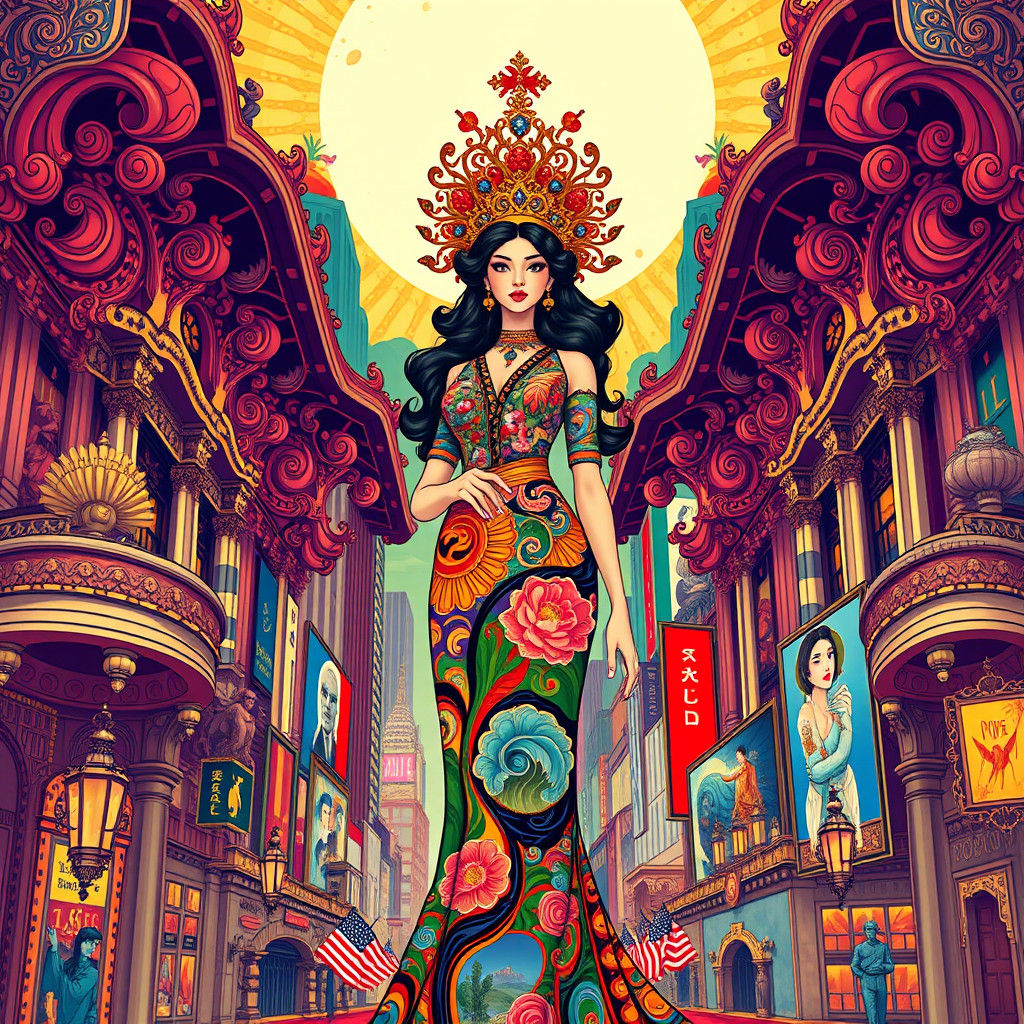 Ornate Woman in Ukiyo-e Rococo Cityscape