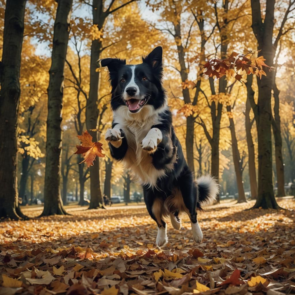 Border Collie Leaping in Autumn Park: Cinematic Film Still