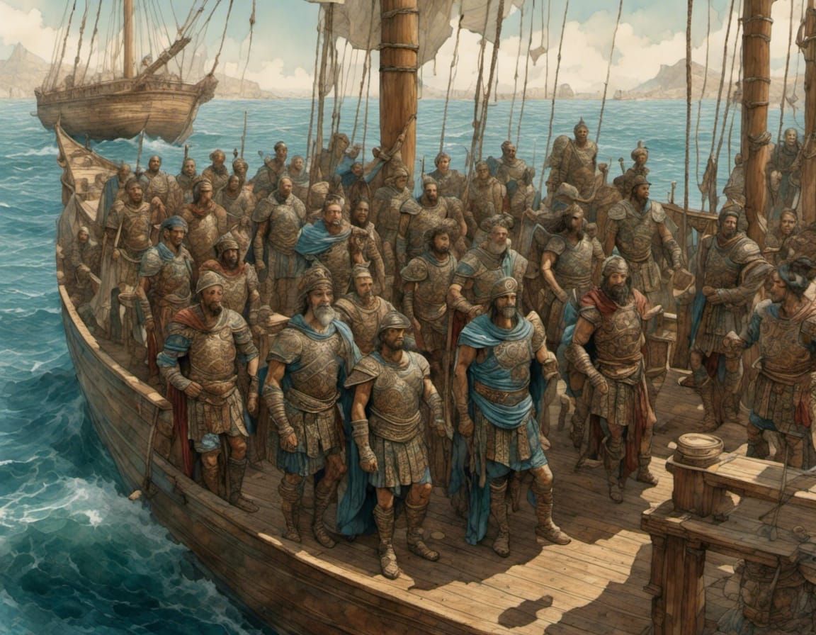 <lora:NC Hyperreal:1.0> <lora:Aquarius:1.0> Bronze-Age Argonauts wearing shiny bronze cuirass and colorful linen standin...