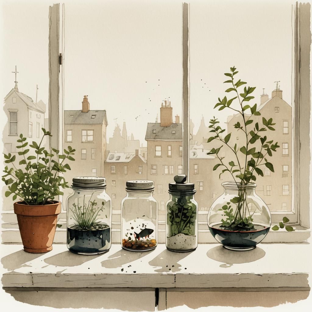 Levitating Fish Sketch on Kitchen Windowsill