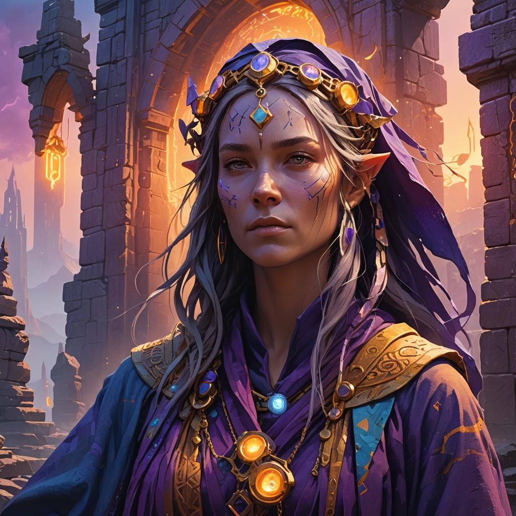 Mystical Sorceress Conjuring Magic in Ruined City