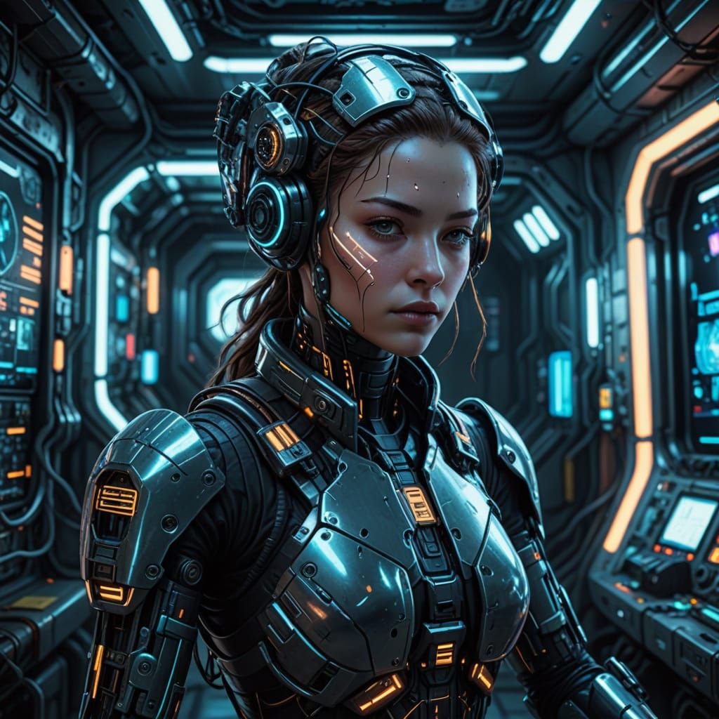 Cyberpunk Android Repairs Wires in Neon Space Station