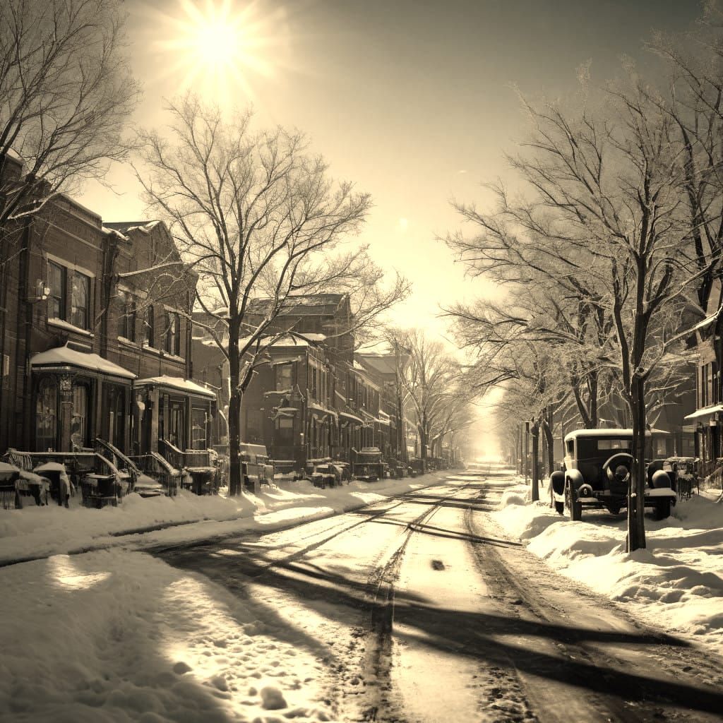 1920s winter street scene.