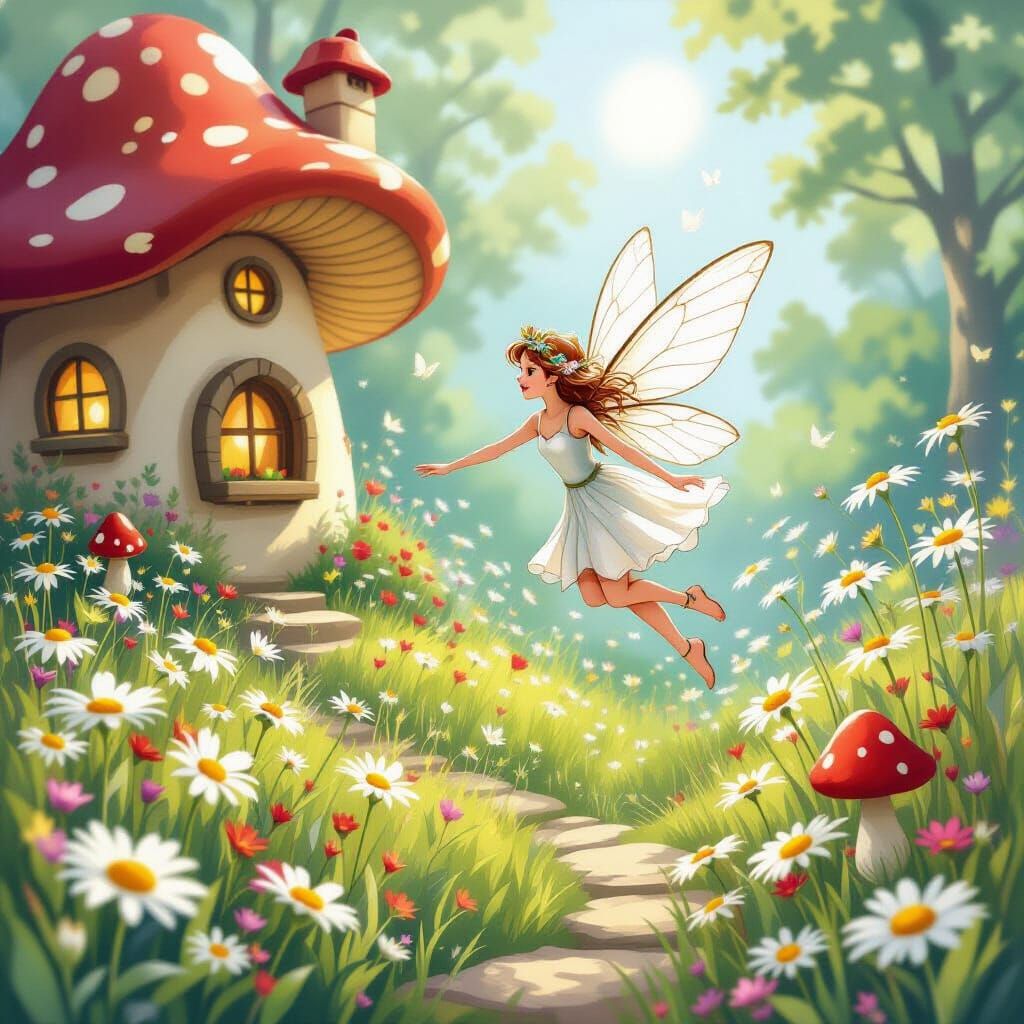 Adorable Fairy Flies Among Daisies with Mushroomhouse