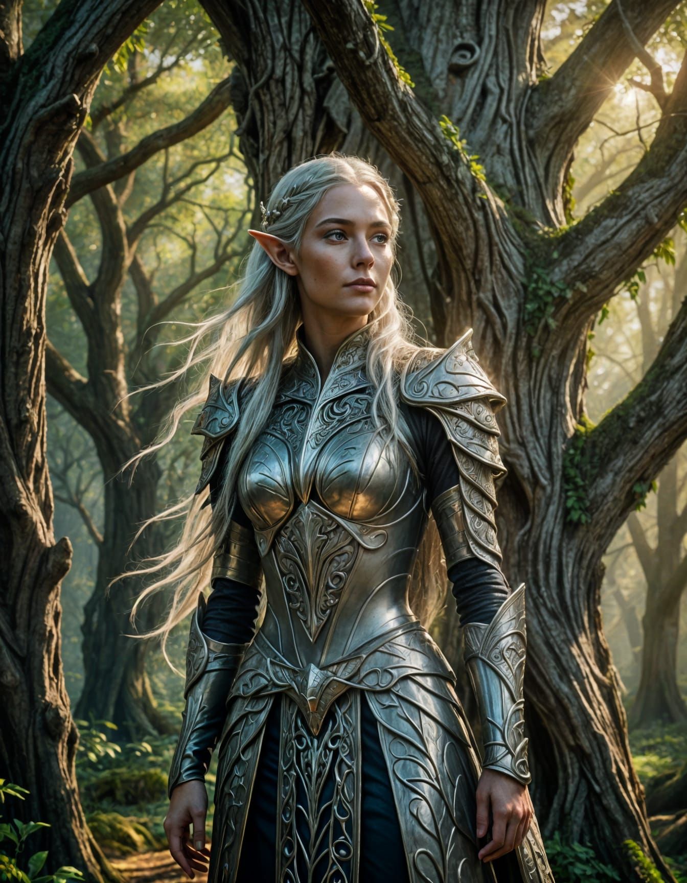 Elven Queen in Sun-Dappled Forest, Surrealism Style