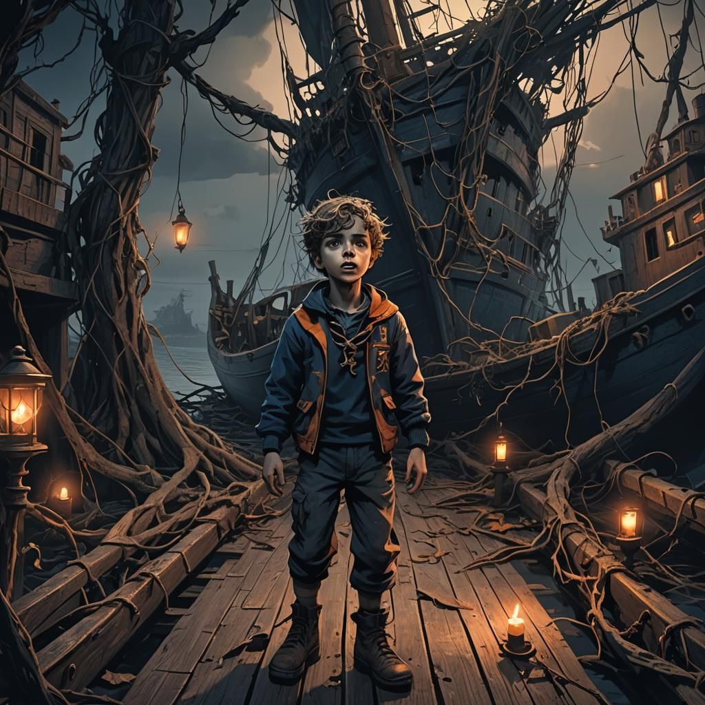 Terrified Sailor on Dilapidated Boat in Baroque Horror Style