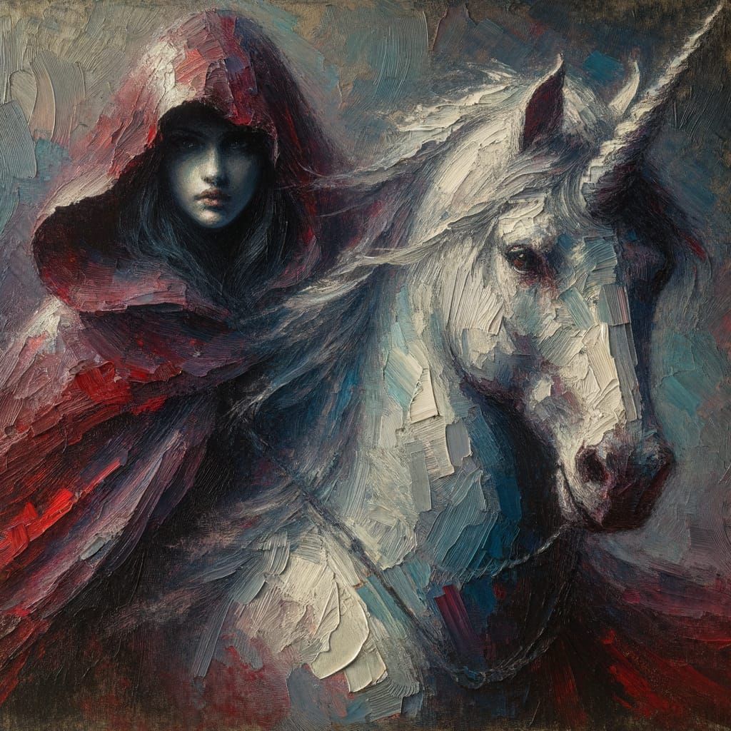 Ethereal Hooded Figure on Unicorn in Impasto Style