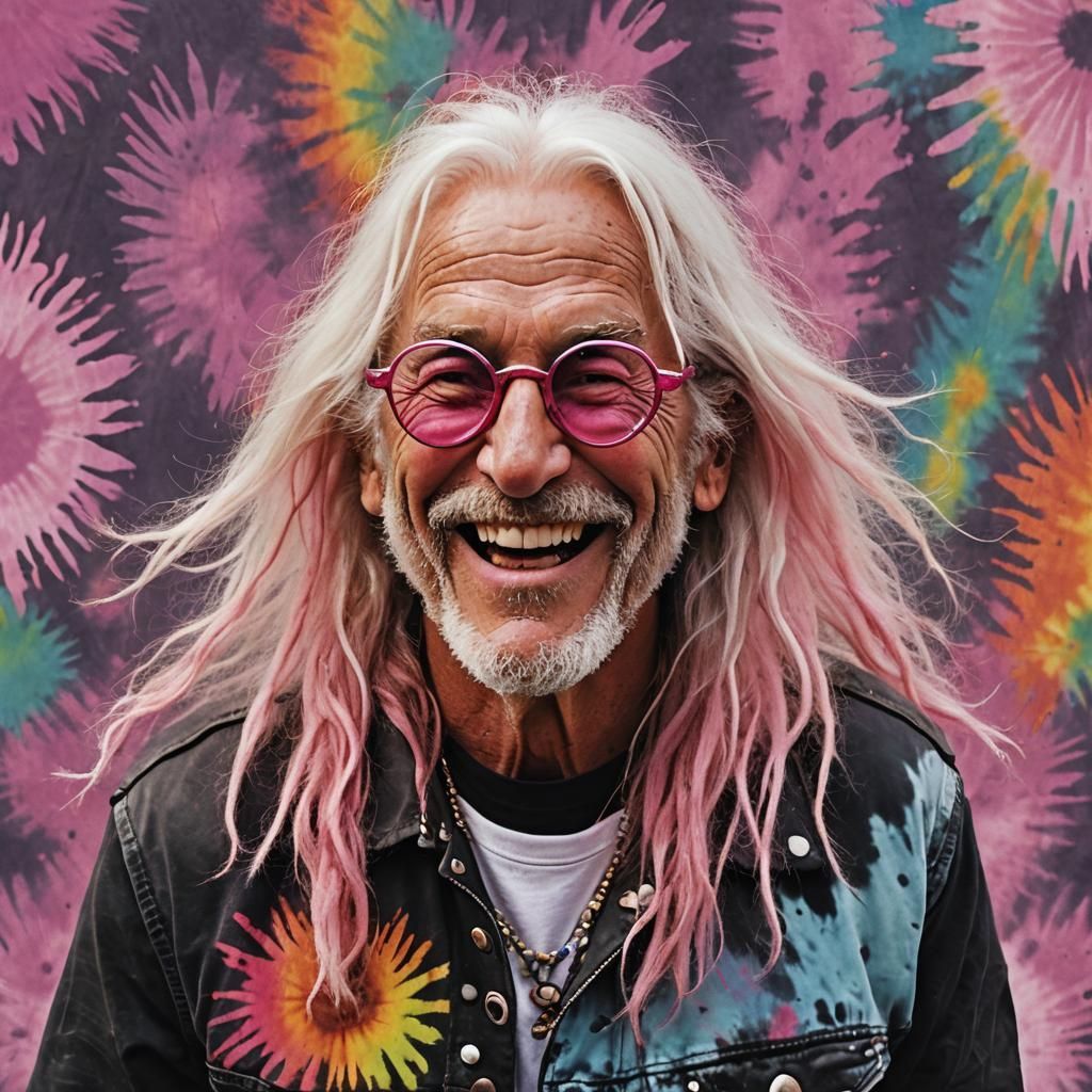 a happily deranged hippie man with round pink glasses