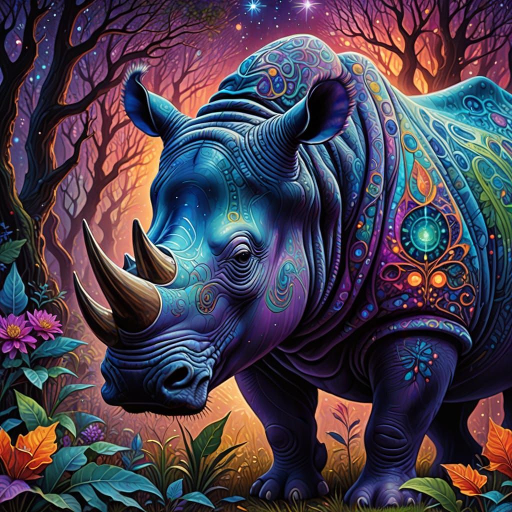 Vibrant Rhinoceros in Ethereal Cosmic Forest