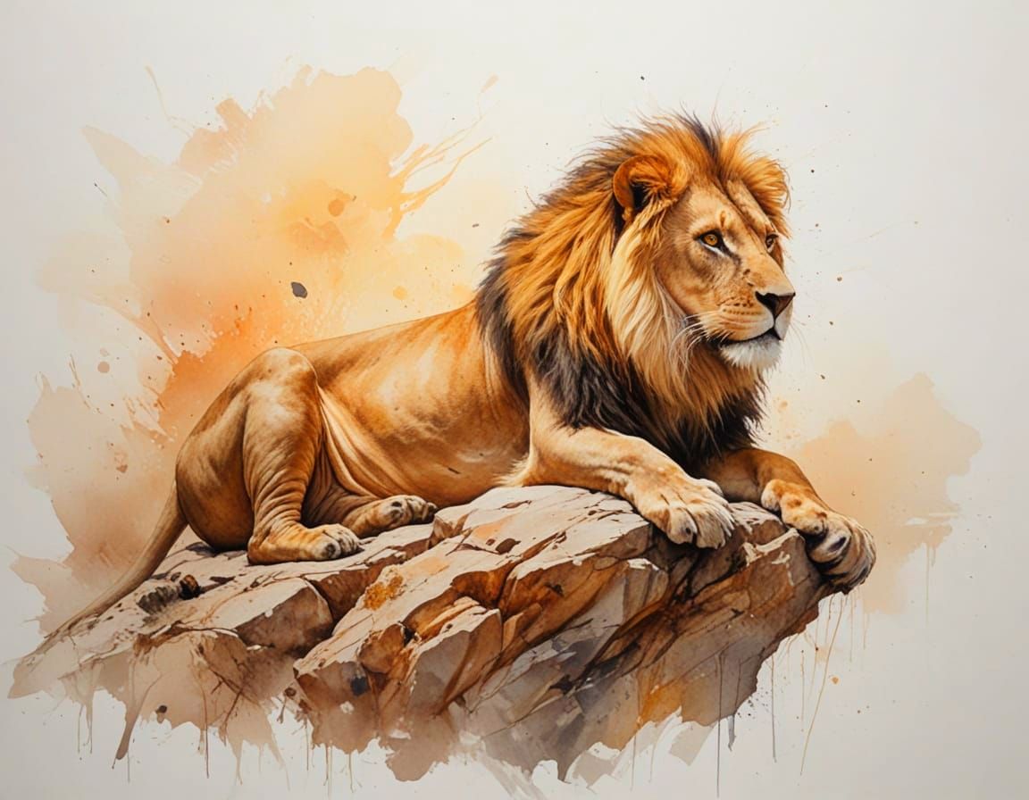 African Lion Rests at Sunset in Watercolour Style