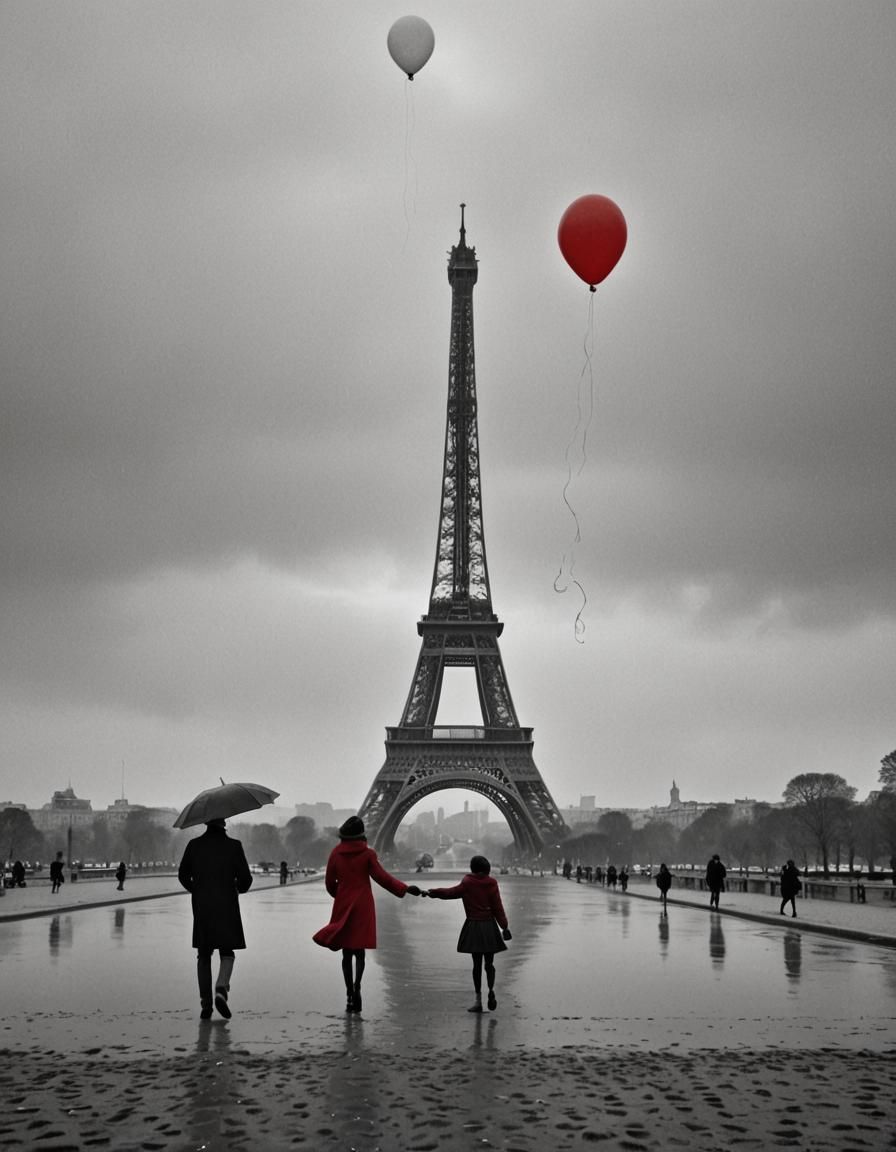 Eiffel Tower on Beach in Rainy Paris, Hyperrealistic