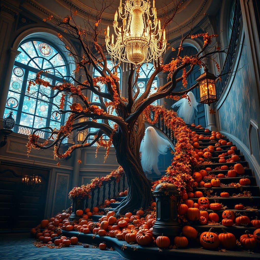 Ethereal Gothic Tree Ascends Grand Staircase in Vibrant, Cin...