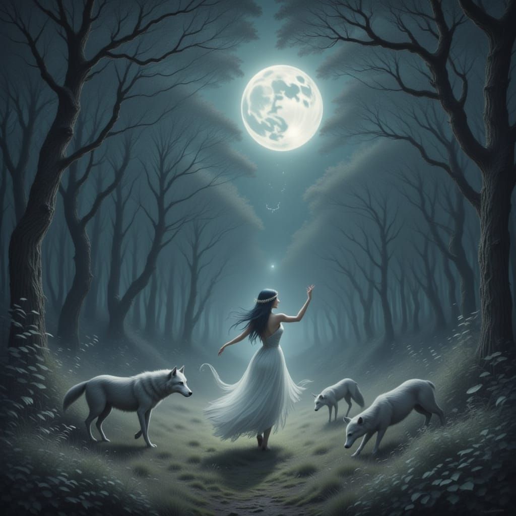 Woman Dancing with Wolves in Ethereal Style