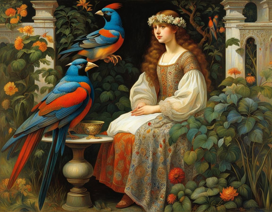 Medieval Girl in Secret Garden, Art Nouveau Style