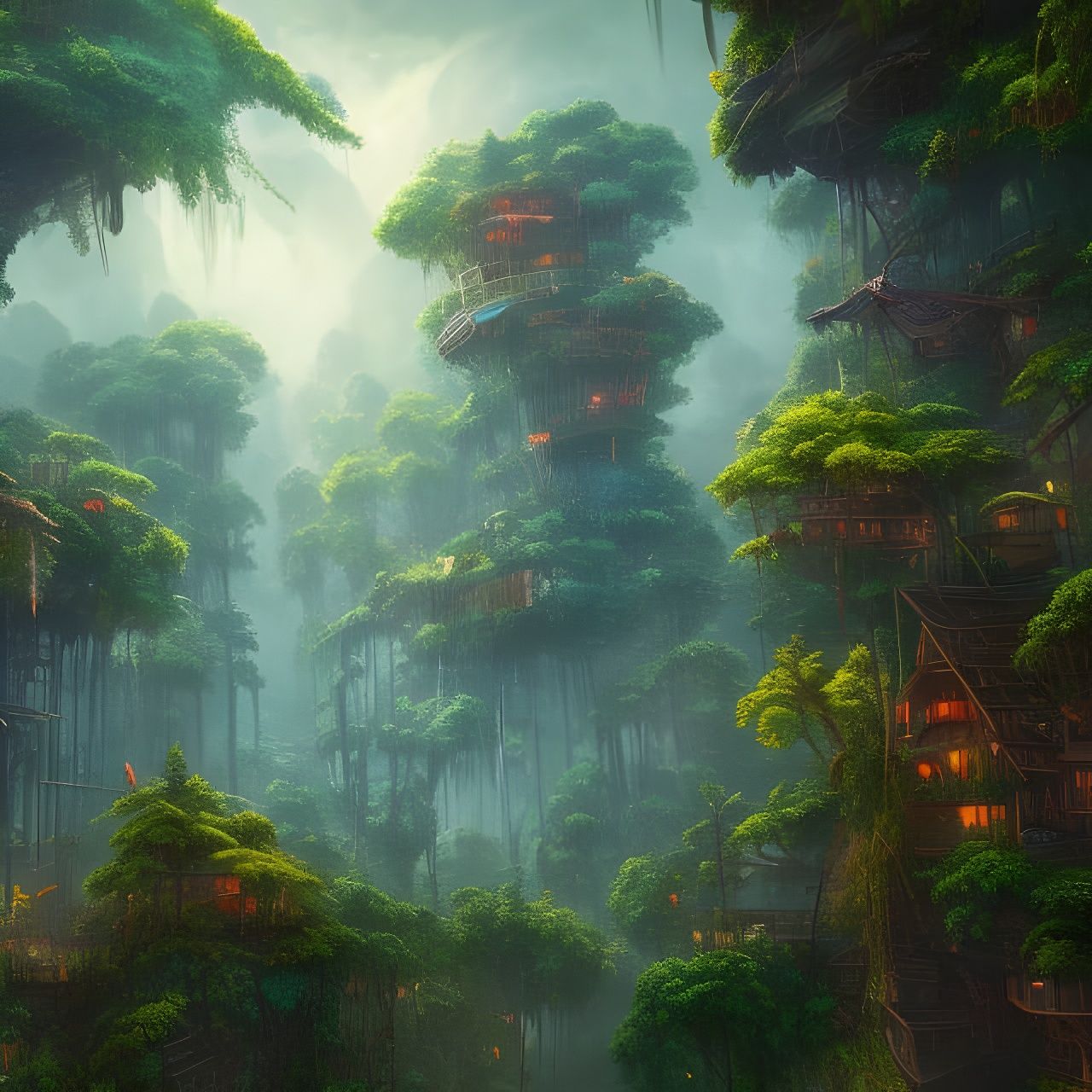 Lush Jungle Town in the Trees: Detailed Matte Painting