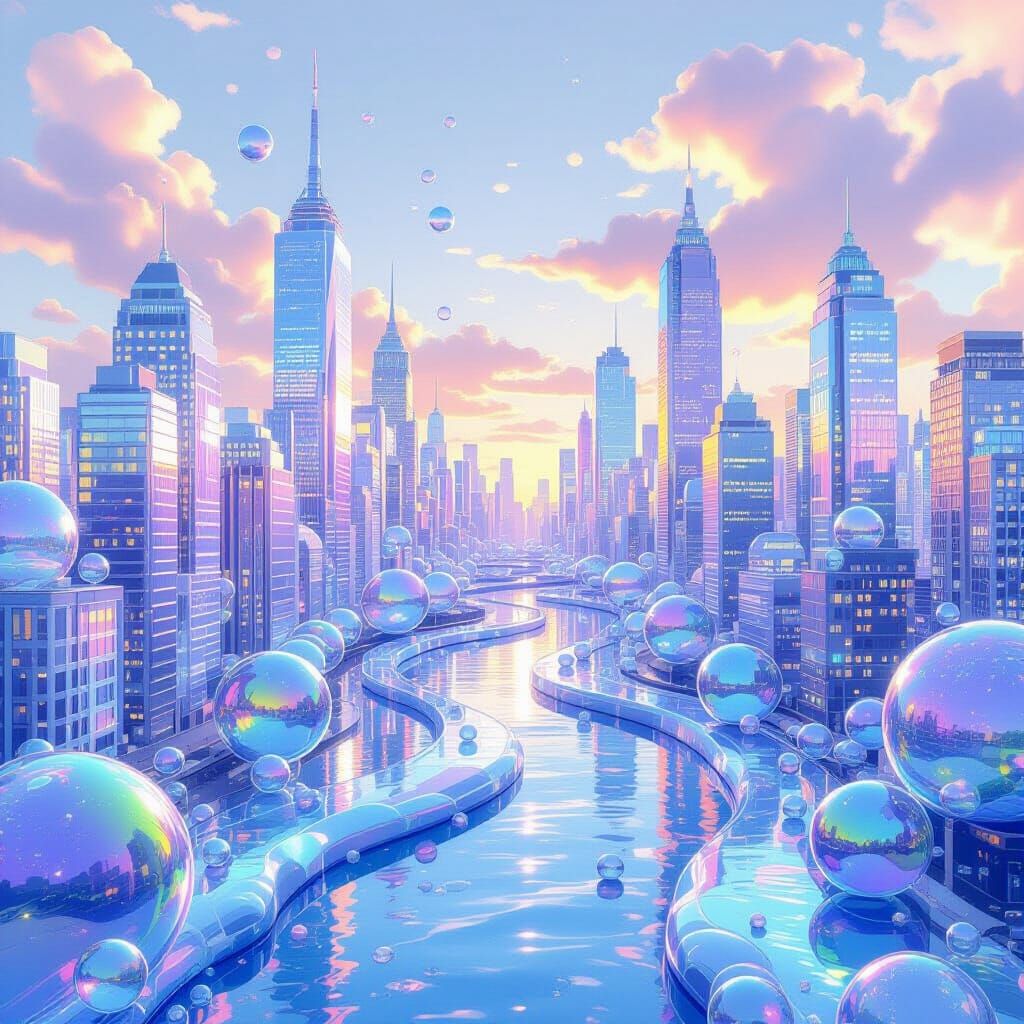 Iridescent Soap Bubble Cityscape in Abstract Style