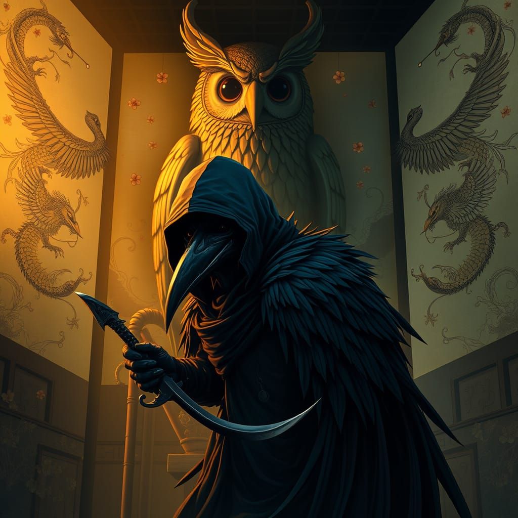 Cloaked Avian Assassin in Dimly Lit Room