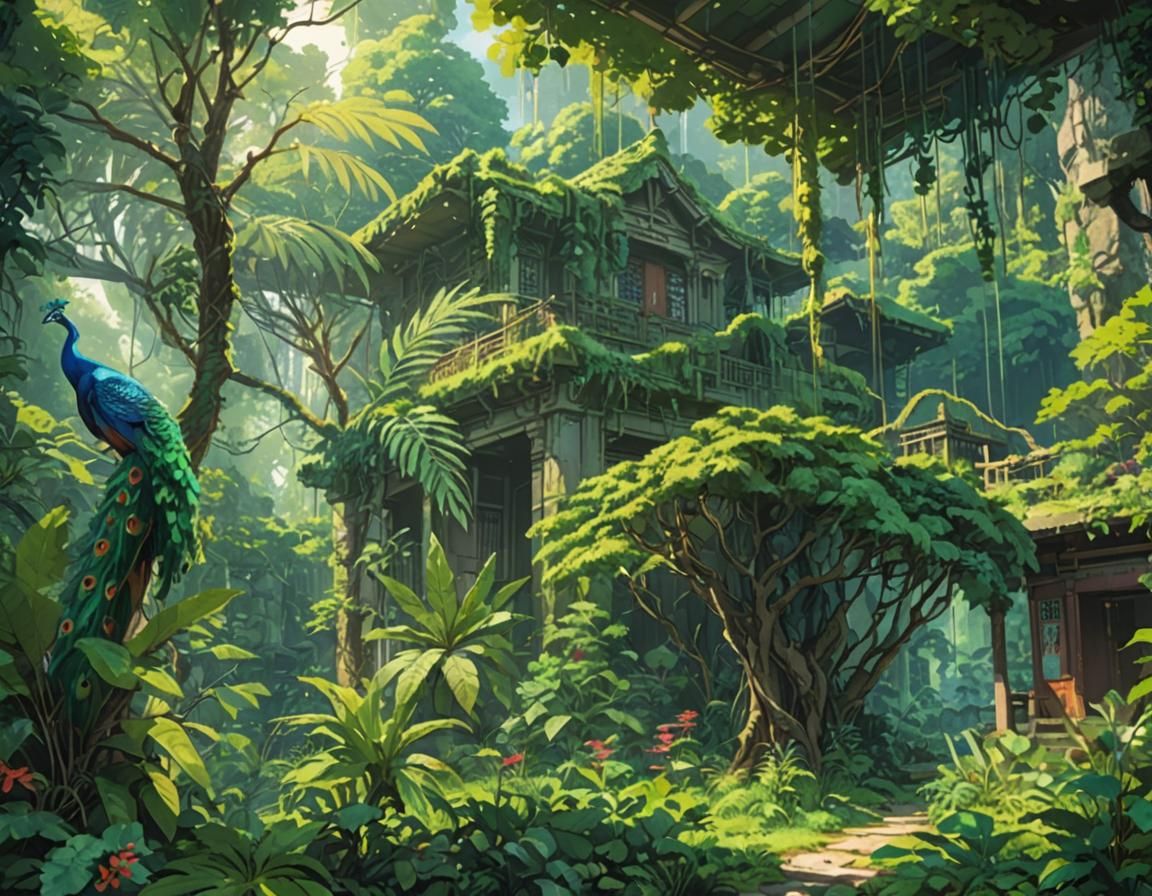 Lush Jungle Temple with Peacock in Anime Style