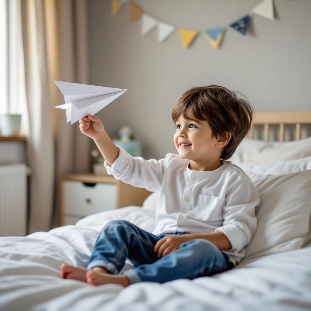 Boy Making Paper Airplanes in Bedroom