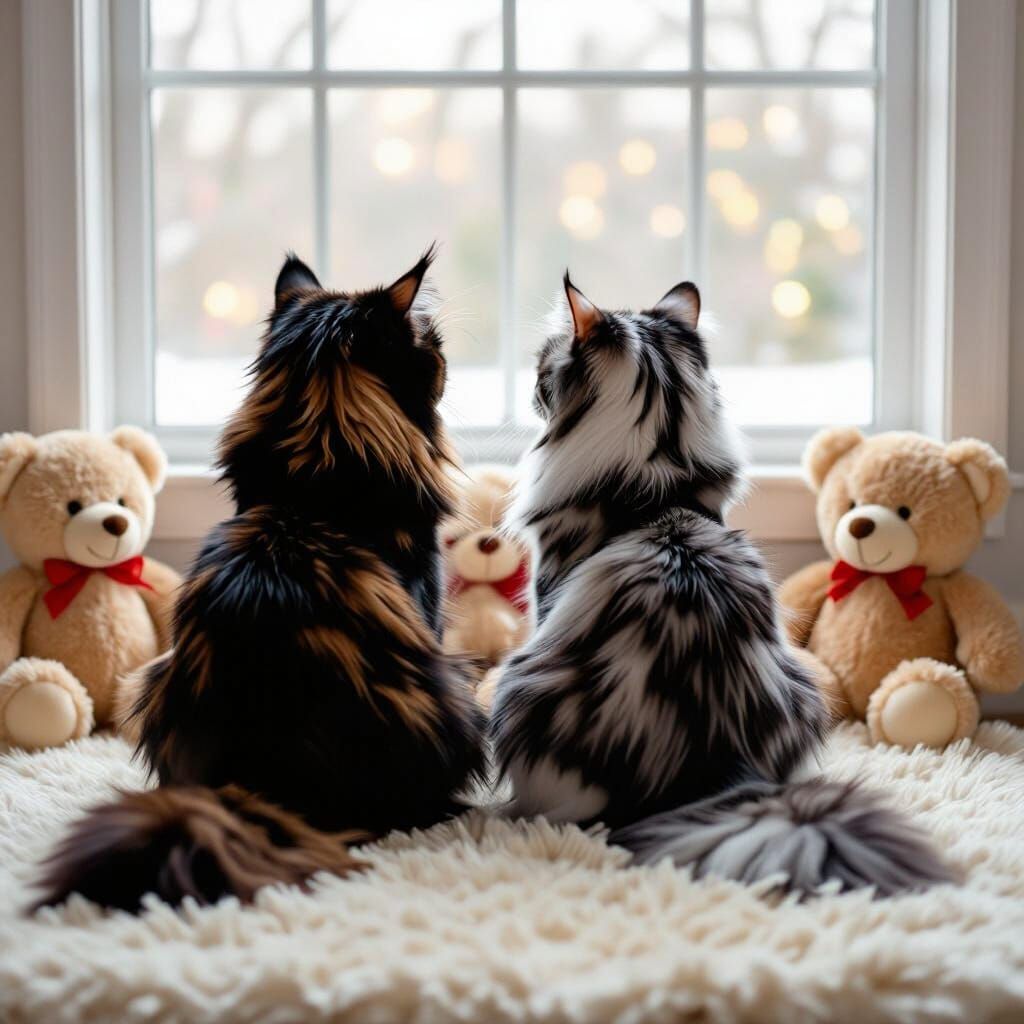 Two Maine Coon Cats on Cream Rug in Studio Light
