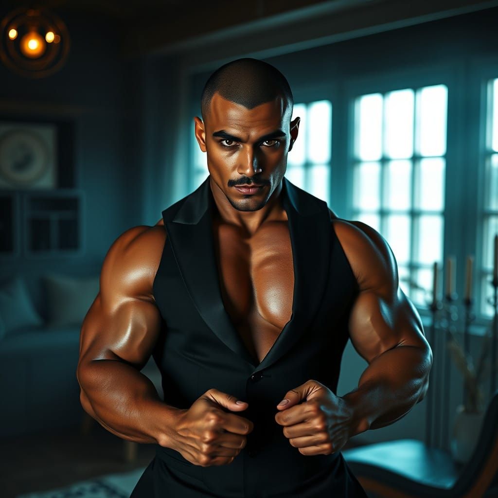 Chiseled Arab Bodybuilder Posing in Dark, Edgy Ambiance