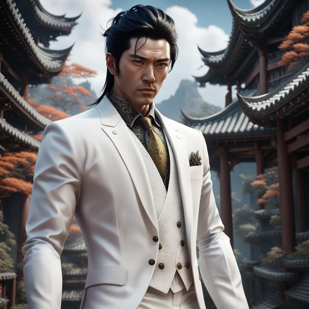 Japanese Man in White Suit: Detailed Matte Painting