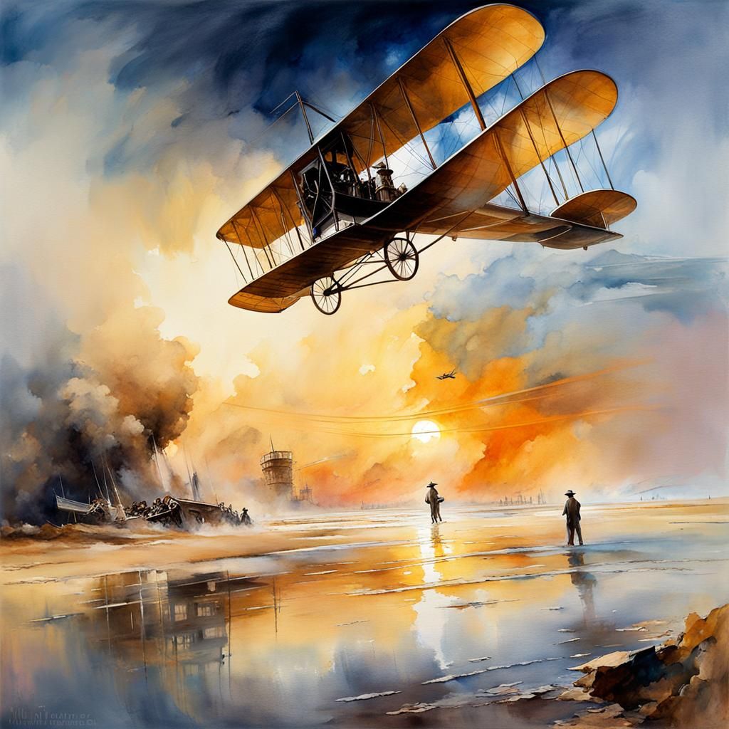 Wright Flyer at Kitty Hawk in Watercolor Style