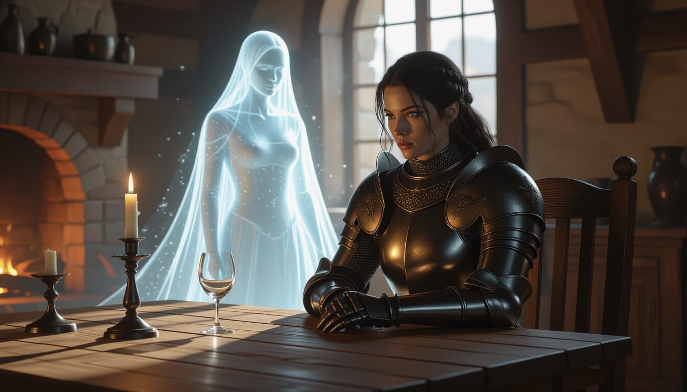 Knight and Spirit at Table, Hyperrealistic Fantasy Art