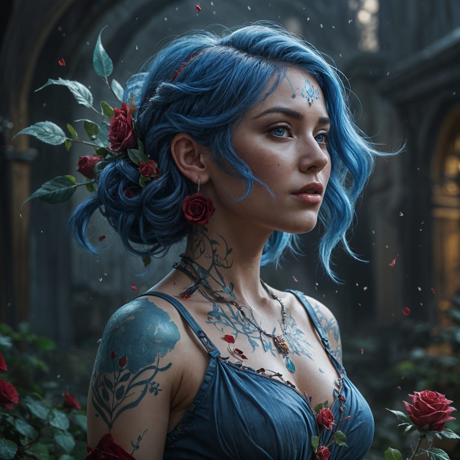 Blue-Haired Woman with Rose: Fantasy Concept Art