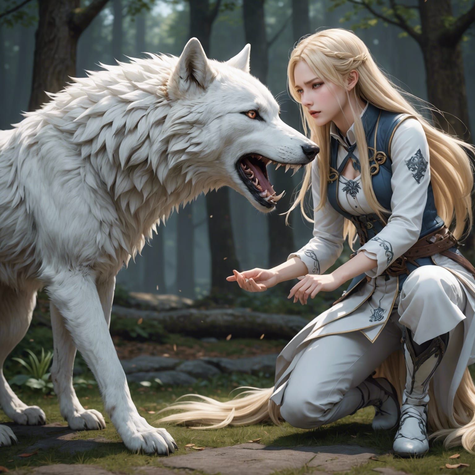 Anime Girl Calming White Wolf in 3D Style