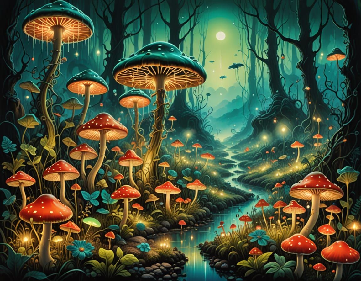 Enchanted Mushroom Garden in Salvador Dali Style