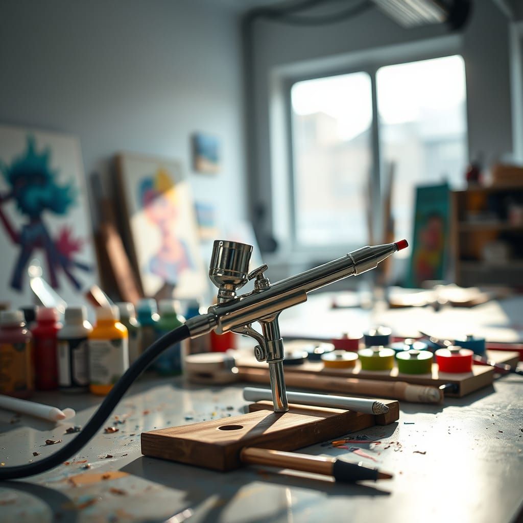 Airbrush on Workbench in High-Contrast Photographic Style