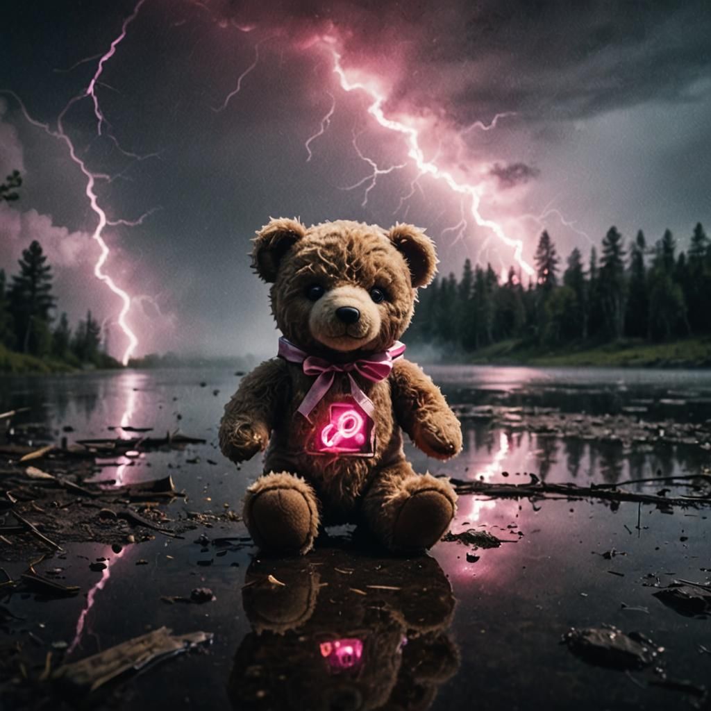 Teddy Bear Lost in Pink Lightning Storm