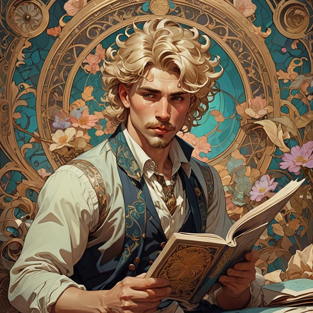Blond Man Reading Journal in Alphonse Mucha Style