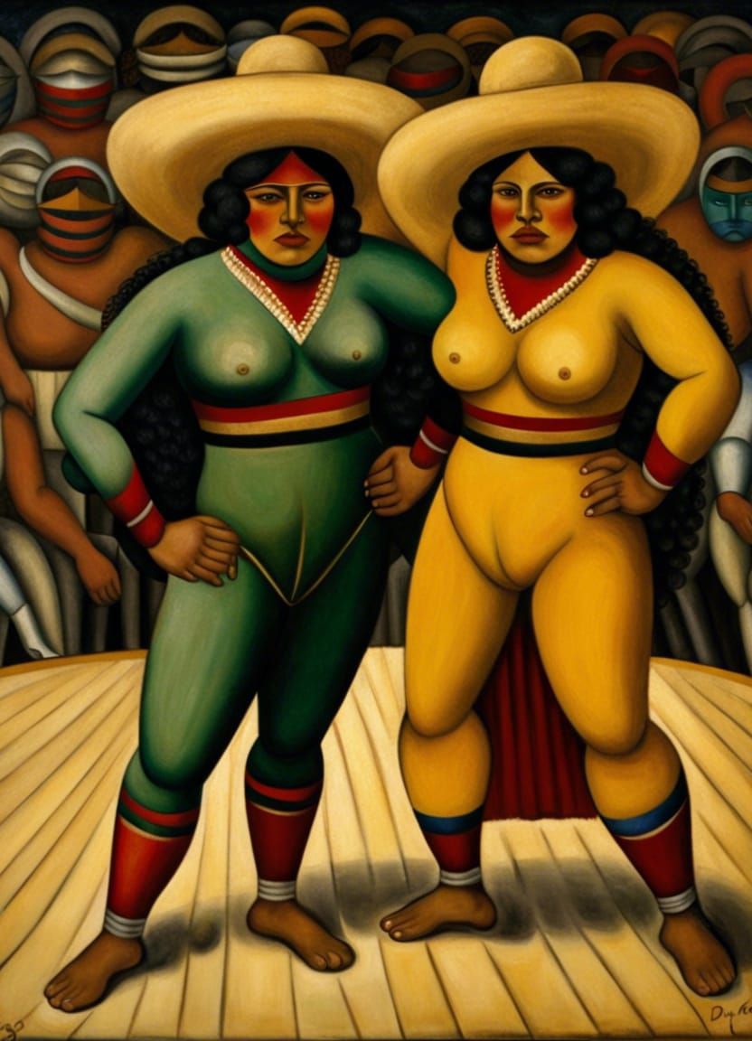 Wrestling Women in Arena, Muralist Style