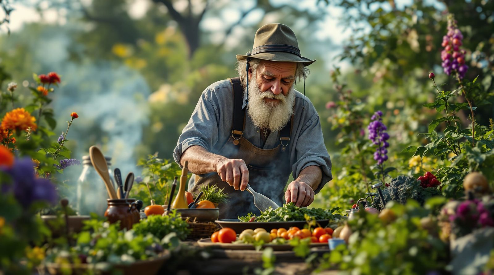 a solarpunk hippy grandpa prepares a vegan meal