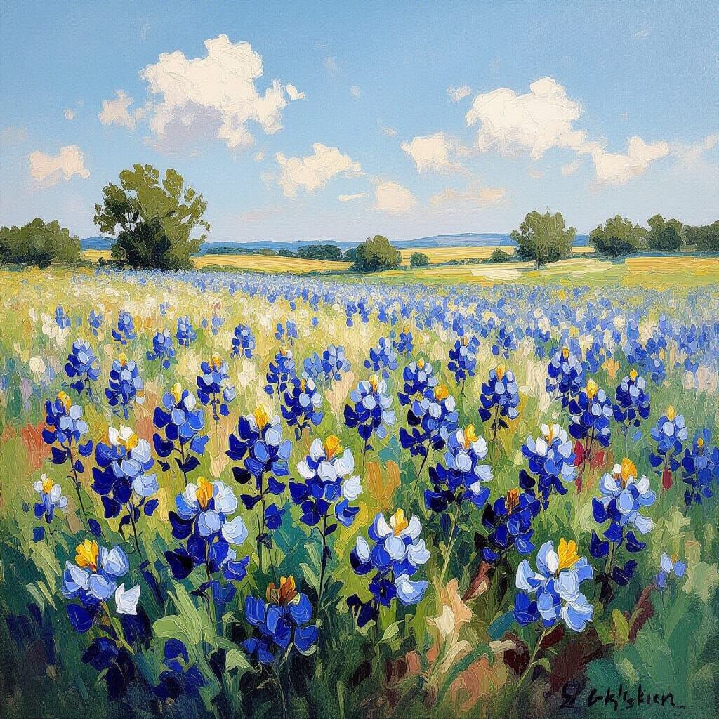 Bluebonnet Flowers Swaying in Sunny Field as Impressionist P...