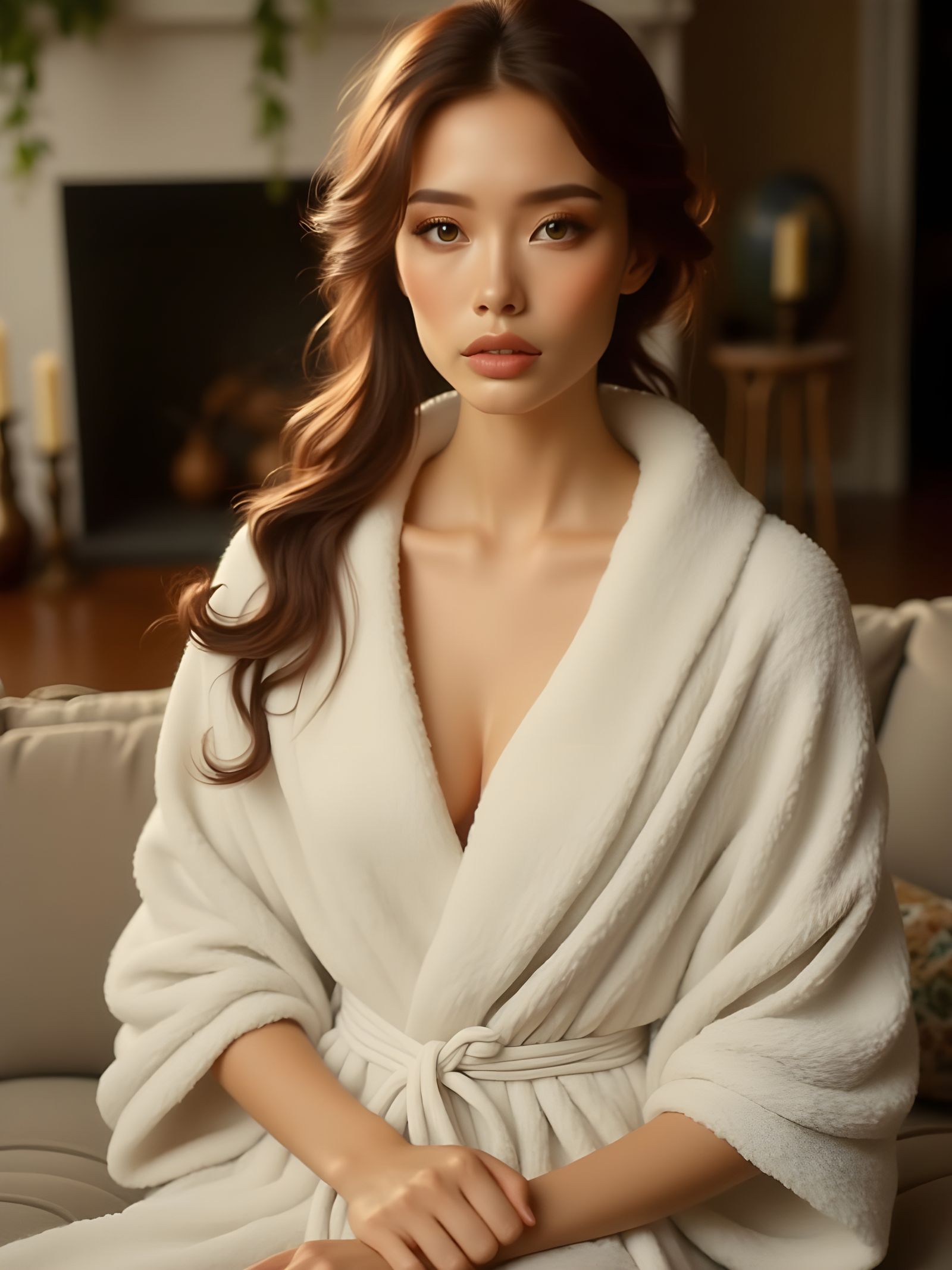 Romantic Woman in Bathrobe in Living Room
