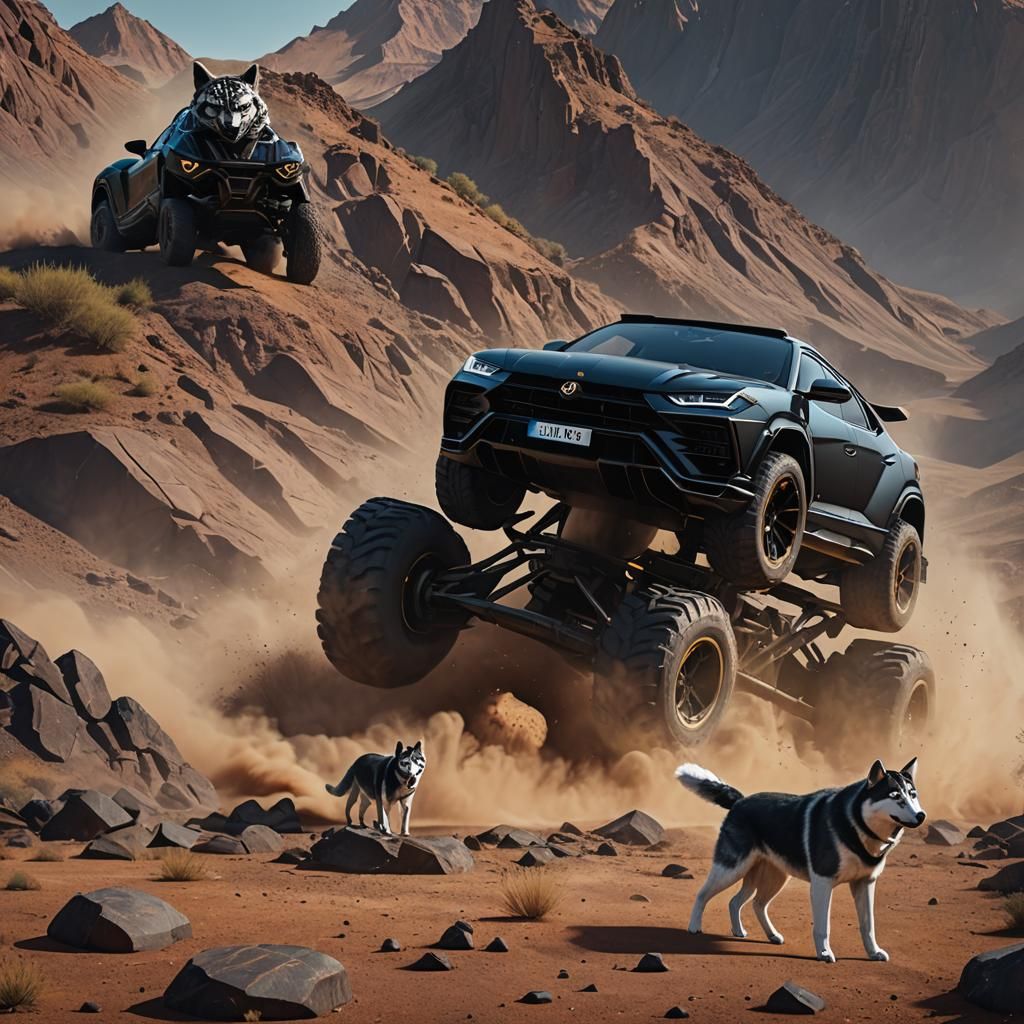 Black Lambo Urus with Husky: Detailed Matte Painting