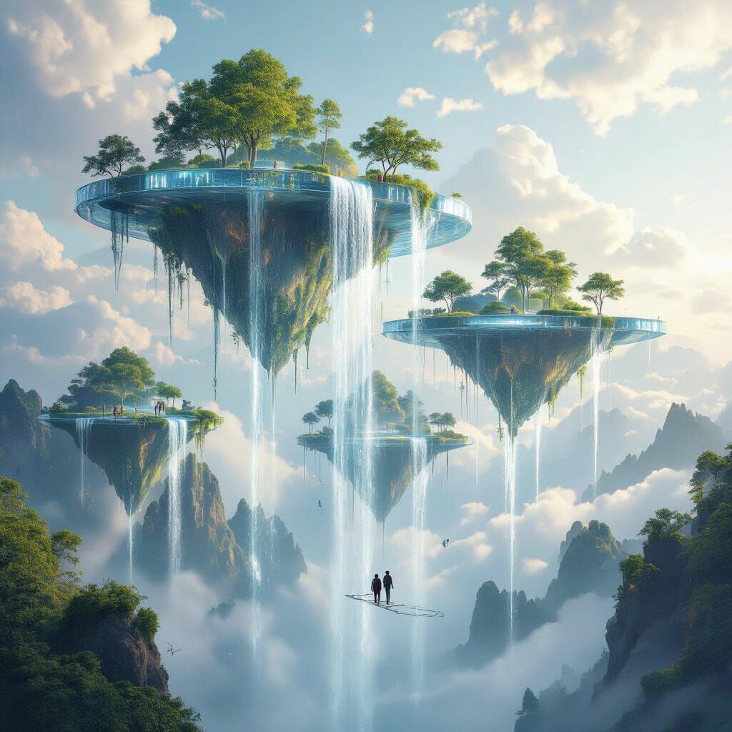Glass Sky Islands with Upside Down People