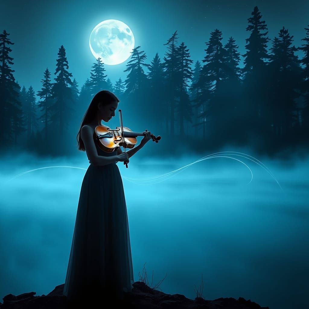 Moonlit Violinist Amidst Nature's Cathedral