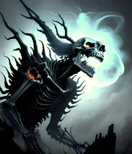 Nightmarish Skeletal Figure Engulfed in Flames