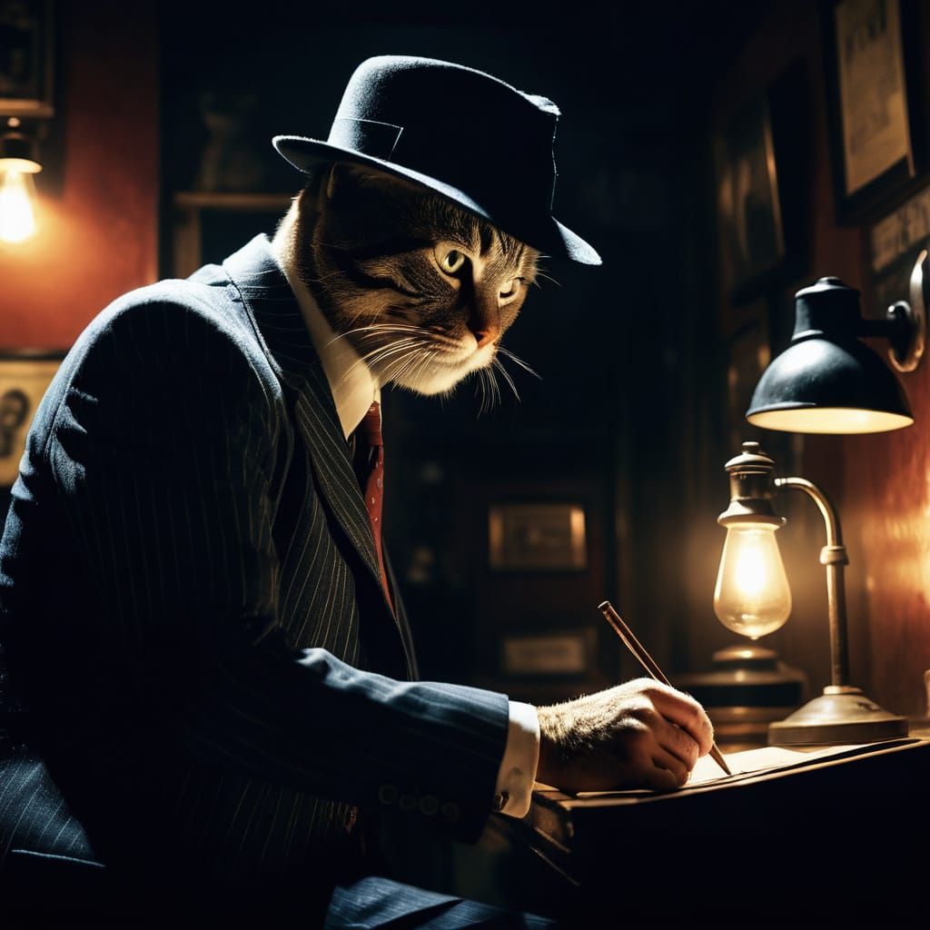 Film Noir Cat Detective in Smoky Speakeasy