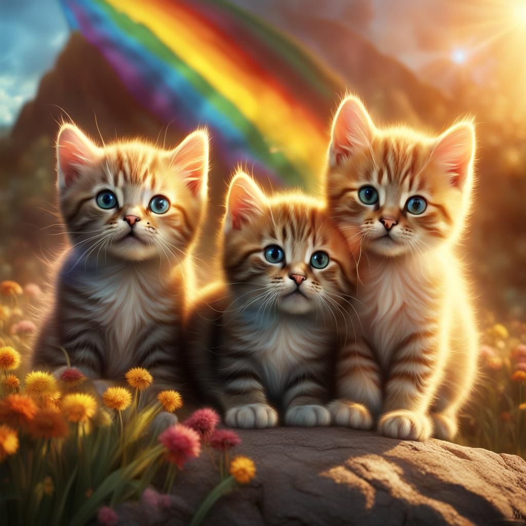 Cute Kittens in Rainbow Sunbeam: Digital Painting