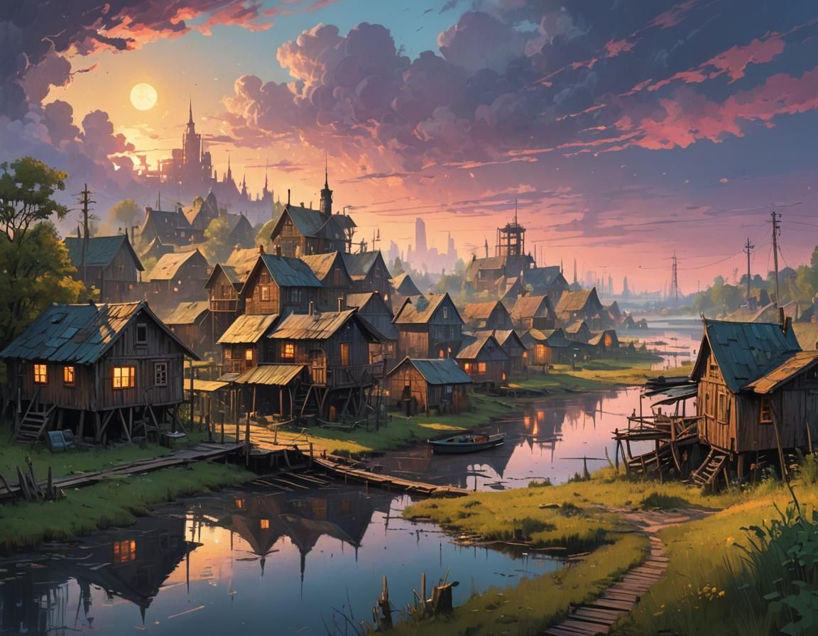 Marsh Village at Twilight: Dieselpunk Fantasy Art