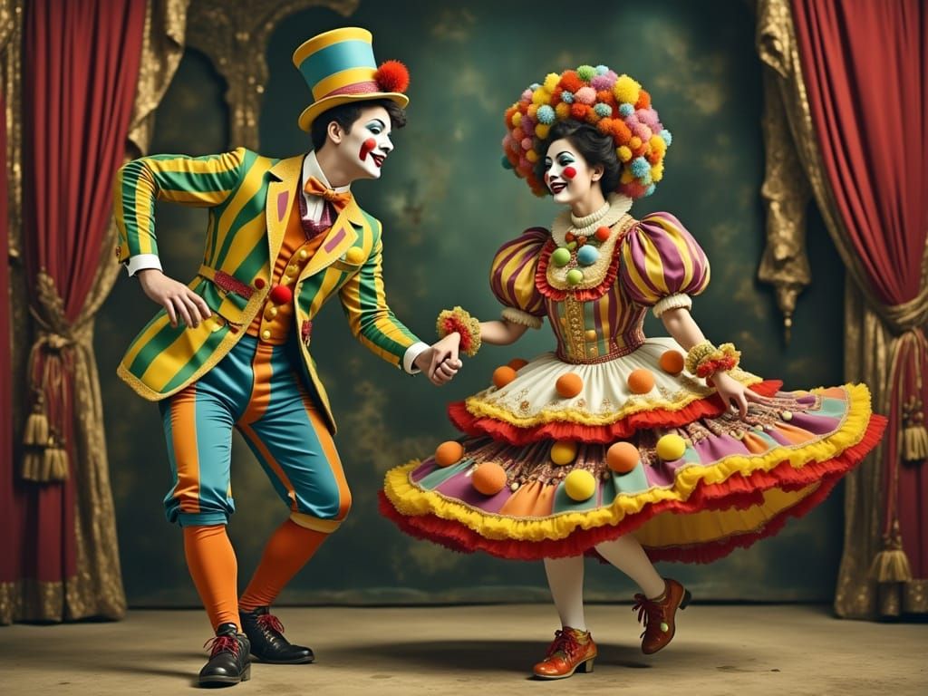 Whimsical Clowns Twirling on Vintage Stage