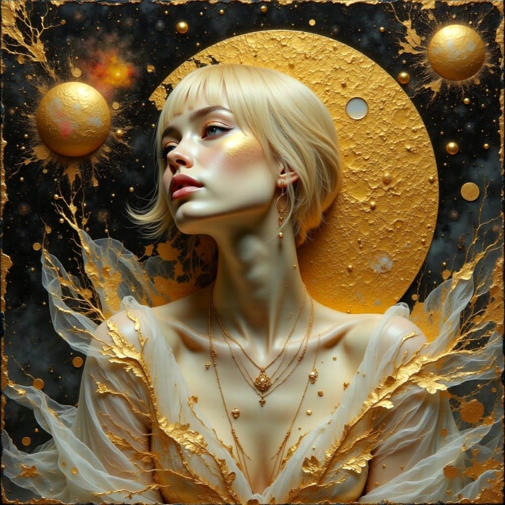 Golden Woman Gazing at Planet in Starry Sky