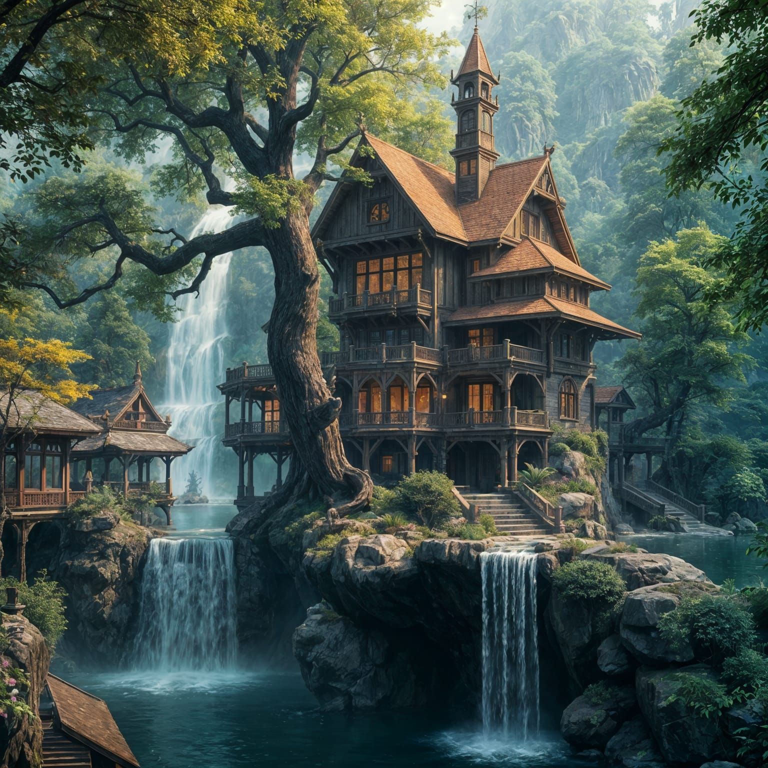 Luxurious Treehouse Mansion Amidst a Cascading Waterfall