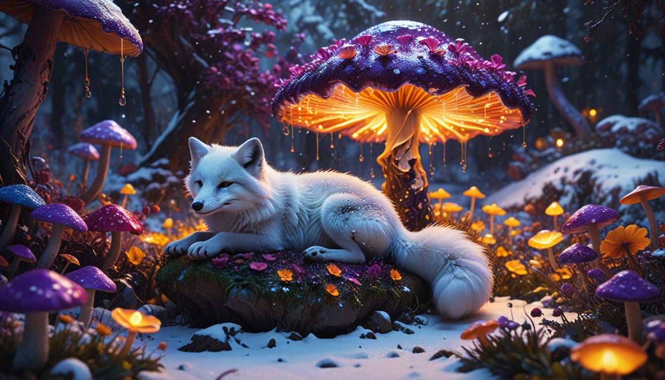Fantasy Arctic Fox in a Vibrant Neon Garden
